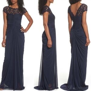 Adrianna Papell Lace Yoke Gown Drapped Dress Lacey Navy Blue Rouched Maxi